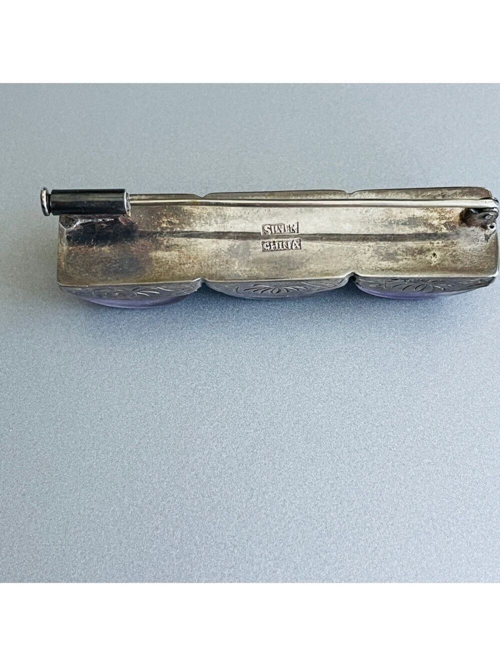 🎉Sold🎉 Antique Chinese Carved Amethyst Sterling Ribbed Rectangle Pin Brooch - Picture 4 of 13